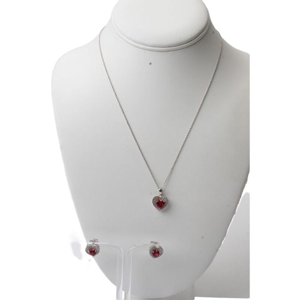 Designer Womens 925 Silver Lab Ruby+Sapphire Heart Necklace + Earring Set NWOT